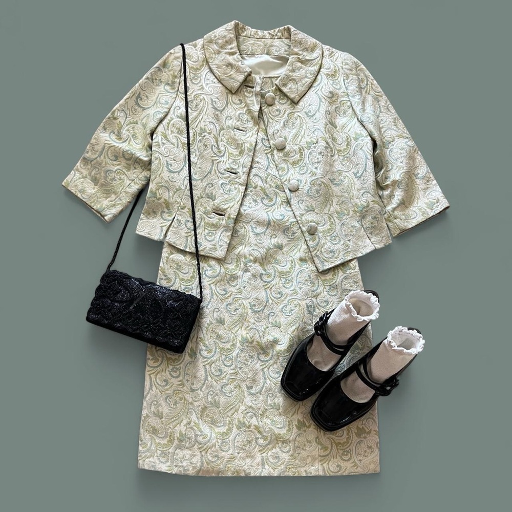 60s paisley brocade dress and jacket set | Green/blue paisley jacquard - size S